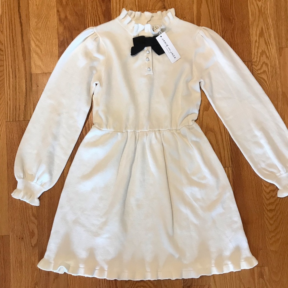 Janie and Jack Ivory Knit Dress with Black Bow